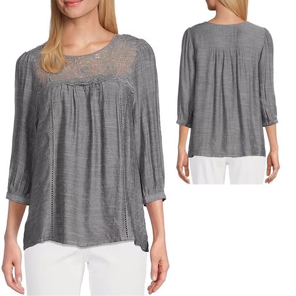 NWT New Figueroa & Flower Peasant Lace Yoke 3/4 Sleeve Grey Blouse Size 2X